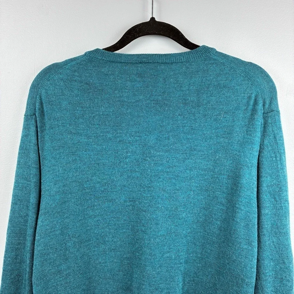 Jos A Bank Mens V-Neck Sweater L Merino Wool Teal Blue Green Traveler Collection